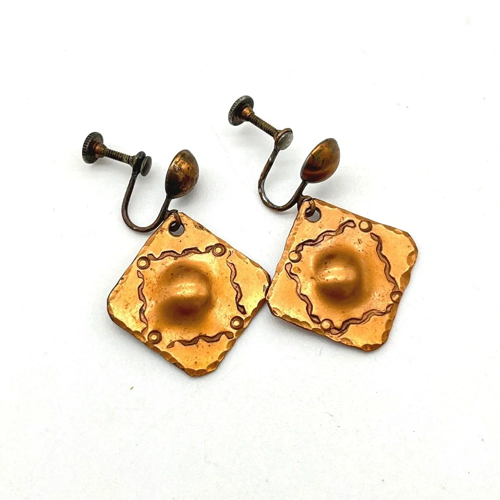 Vintage Copper Earrings Geometric Diamond‎ Shape Screw Back Patina Statement